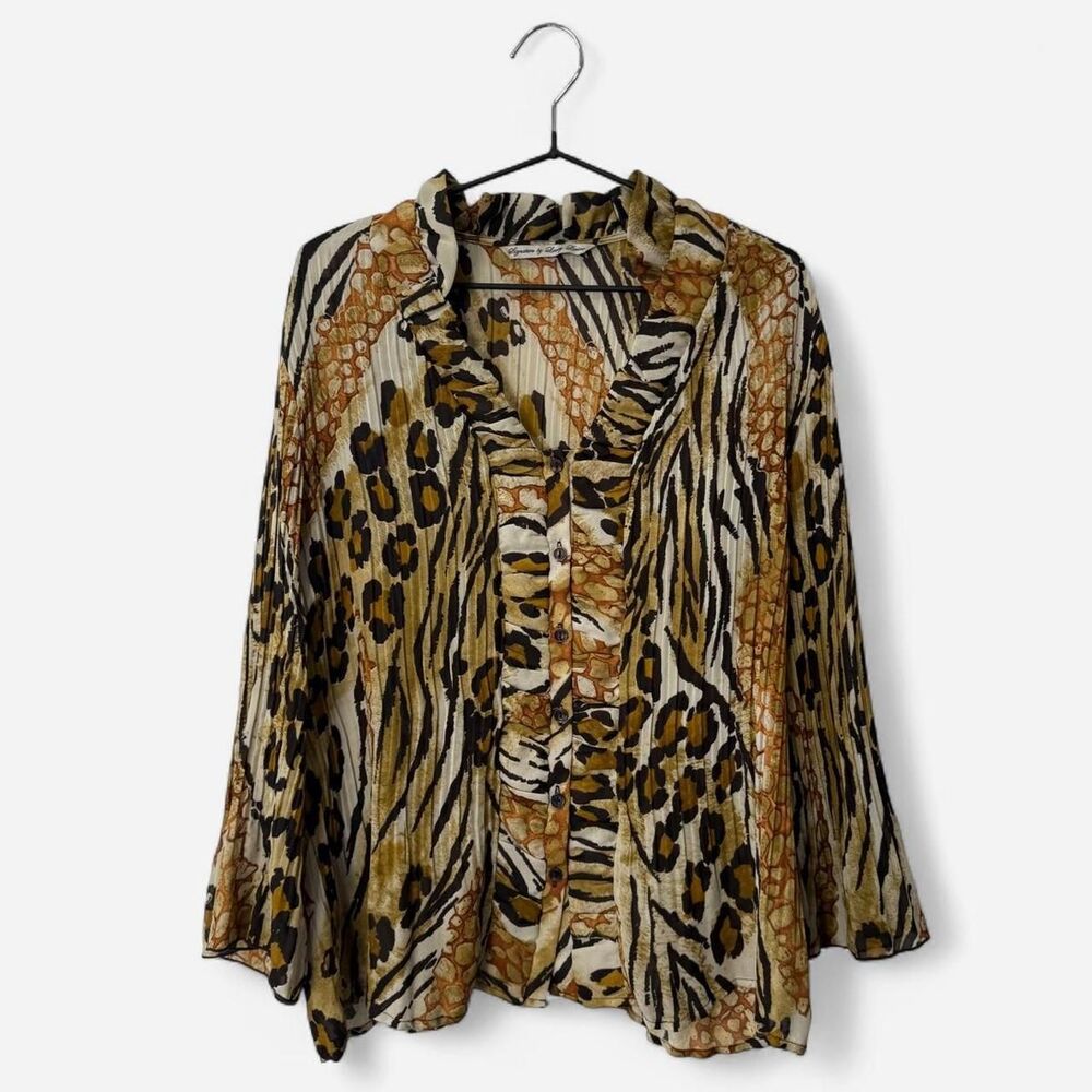 Larry-levine Women's Brown and Yellow Blouse Vintage chic Leopard print Ruffle